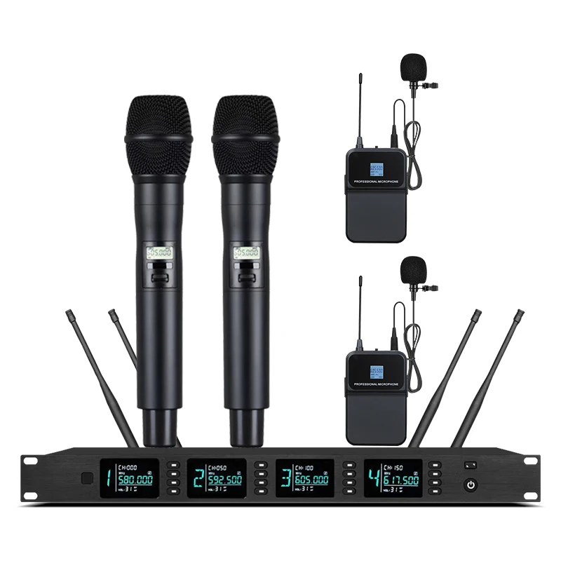 ميكروفون لاسلكي احترافي UHF مزود بـ 4 قنوات للمؤتمرات اللاسلكية معقوفة لغرف الاجتماعات والعروض التقديمية