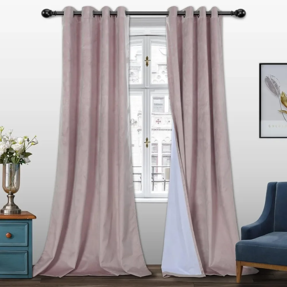 

100% Blackout Premium Thick Velvet Curtains 95 Inches Energy Saving,Sun Light Blocking Grommet Window Drapes, 2 Panels, Blush