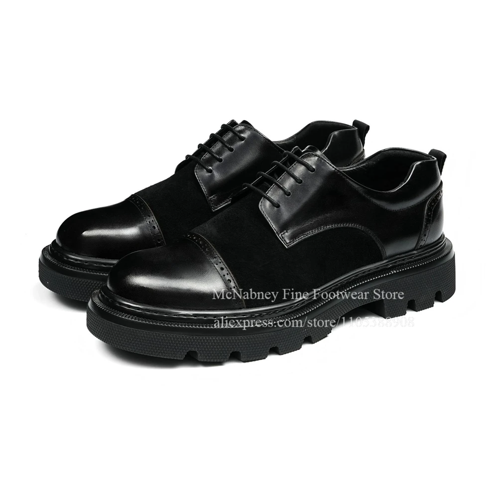 Suede Leather Patch Lace up Brogue Derby Shoes Round Toe Men Formal Shoes British Style Handmade Gentlemen Dress Shoes Plus Size