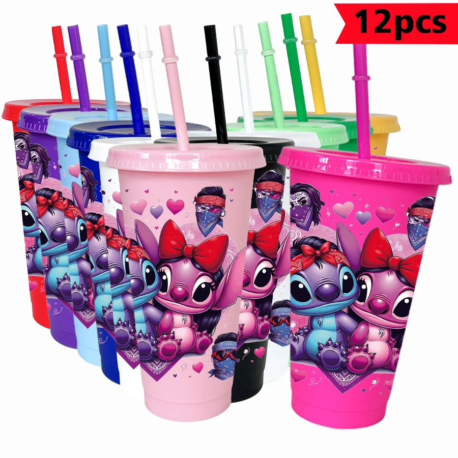 

12Pcs/pack Disney Stitch Bow 26oz Colored Plastic Tumbler Birthday Party Drinking Utensils Juice Coffee Mug