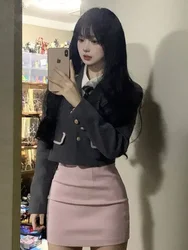 Traje de uniforme escolar japonés coreano para mujer, chaqueta, camisa blanca, falda Sexy a la cadera, estilo universitario para niña, traje JK de tres piezas