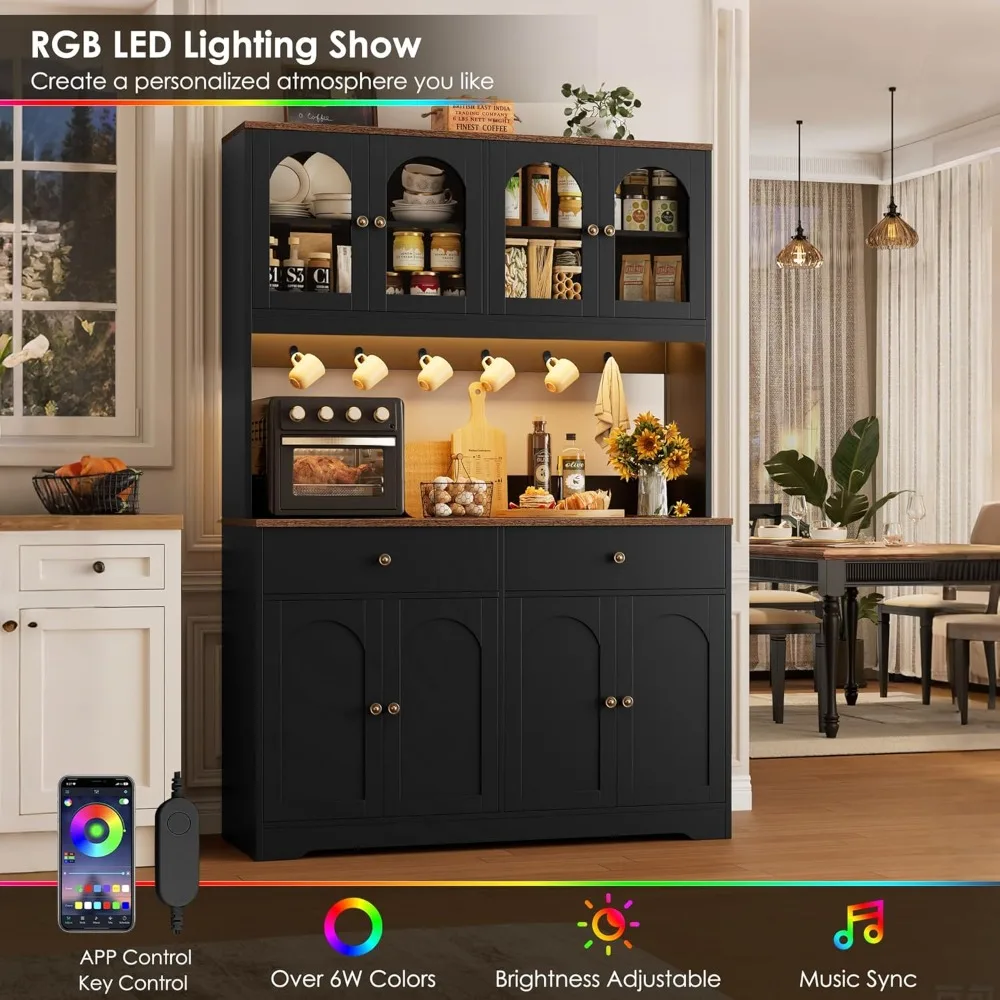 Gabinete de despensa de cocina con iluminación LED grande con toma de corriente, aparador de almacenamiento con puertas y estantes arqueados, 2 cajones para cocina mejorada