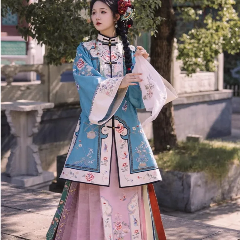 New Chinese Ethnic Style Embroidered Qing Dynasty Manchu and Han Clothing Placket Long Shirt Two-Piece Suit Ancient Costume