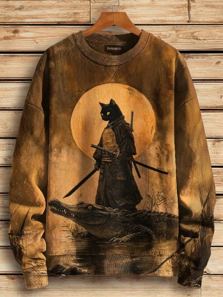 

Men's Samurai Cat And Crocodile Surreal Art Print Casual Sweatshirt Oversized Fashion Khaki Pullovers Holiday Loose Man Clothing