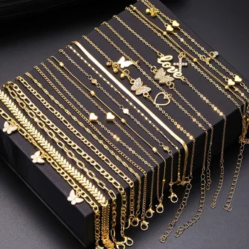 18Pcs Gold Color Love Heart Butterfly Chain Anklet Set for Women Layered Charm Ankle…