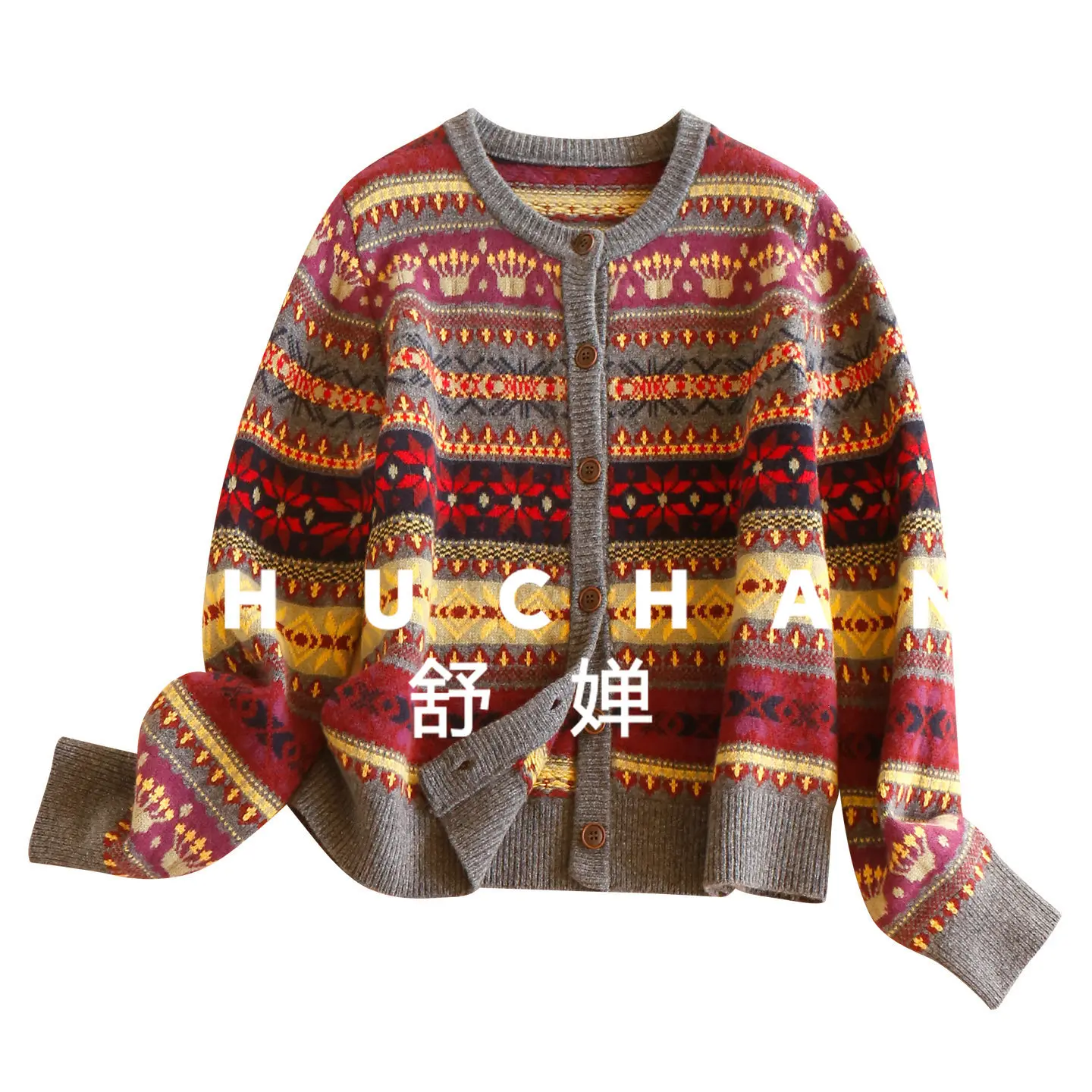 

Vintage Atmosphere, Fairer Island Jacquard 100 Wool Crew Neck Sweater Cardigan Women's 72I6 Casacos Femininos Inverno