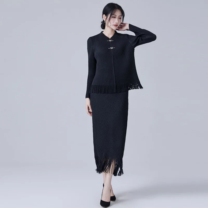 Miyake Fringe Skirt 2-piece Set Simple High-quality Fish Scale Pleated Fashion Atmosphere Slim Skirt Suit Set 2024 Early Spring