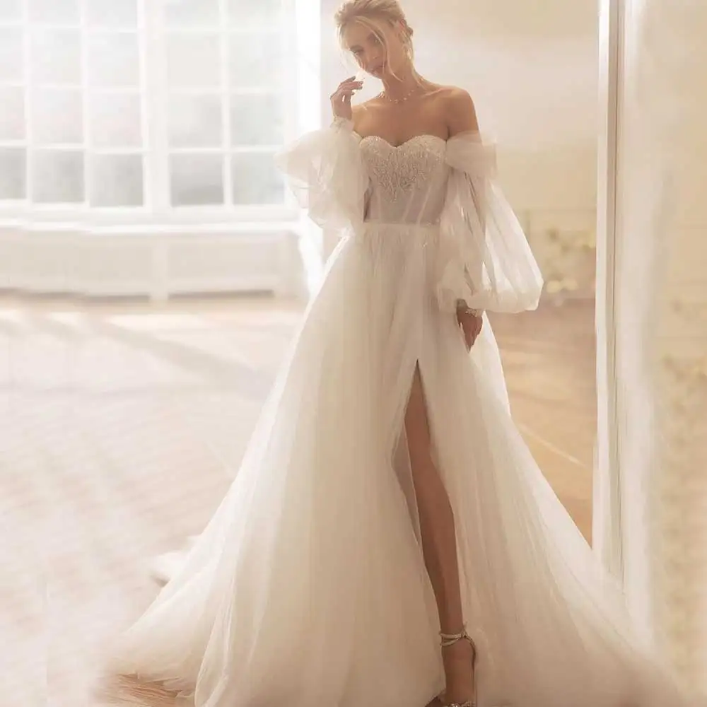 

Elegant Tulle Bridal Gown Sweetheart Long Sleeve High Slit Pleats Applique Backless Women's Fashion Court Train Vestido De Noiva