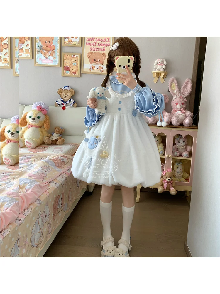 

Оригинальное овечье милое бархатное утолщенное плюшевое зимнее платье на бретелях с кроликом Милое платье Лолиты для девочек