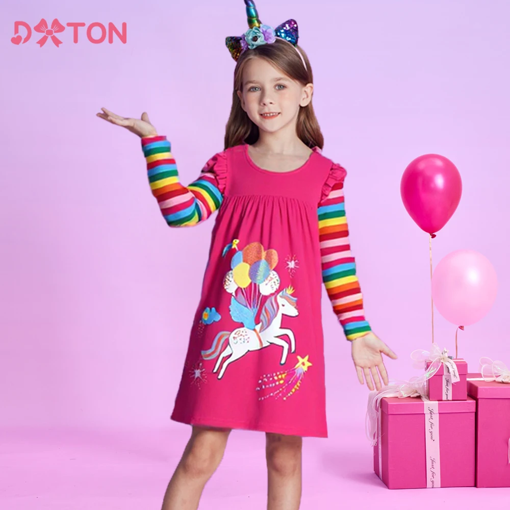 

DXTON Autumn Children's Straight Dress Stripe Rainbow Long Sleeve Kids Casual Dress Licorne Girl Cartoon Dress Vacation Clothing