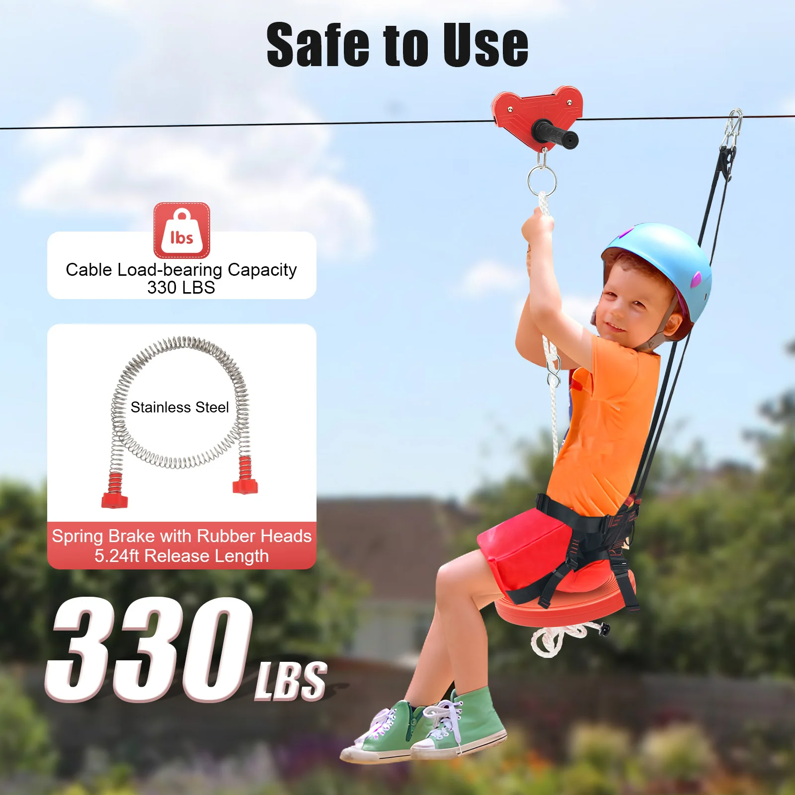 

330lbs Zip Line Kit 160ft with Spring Brake for Kids Zipline Kit Kids Slackline Pulley Set Quick Setup Zipline Seat and Handleba