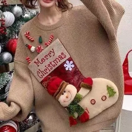 New Pull Hiver Femme Autumn Winter Christmas Theme Knitted Long Sleeve Decorative Sweater Women's Hoodie Loose New Year's Hoodie