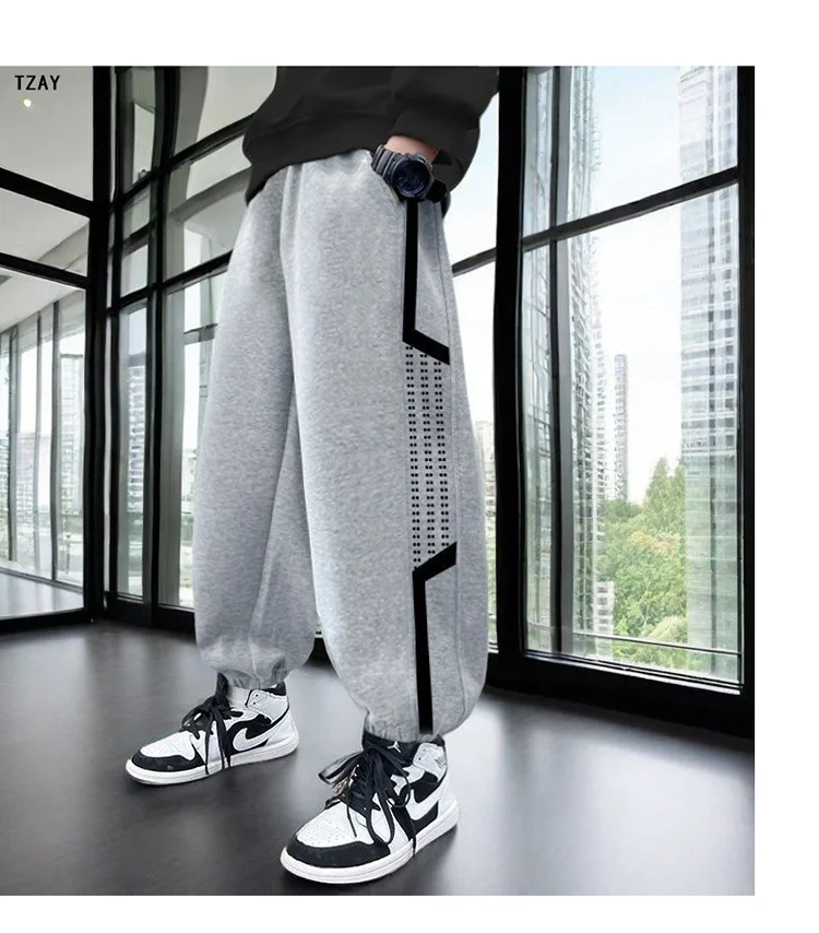 Hochwertige Jungen-Sporthosen, koreanische Kinderhosen mit Seitenstreifen, grau-schwarze lässige Baumwoll-Teenager-Jogginghosen, Kinderkleidung 5-14 Jahre – Detail 11