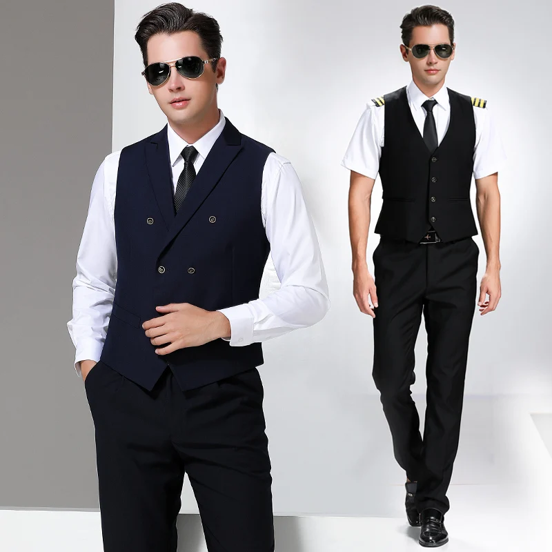 Aviation Property Flight Workwear Air Pilot Black Slim Fit Vest Male Captain Uniform Aircraft Buckle Business Suit Formal Suit