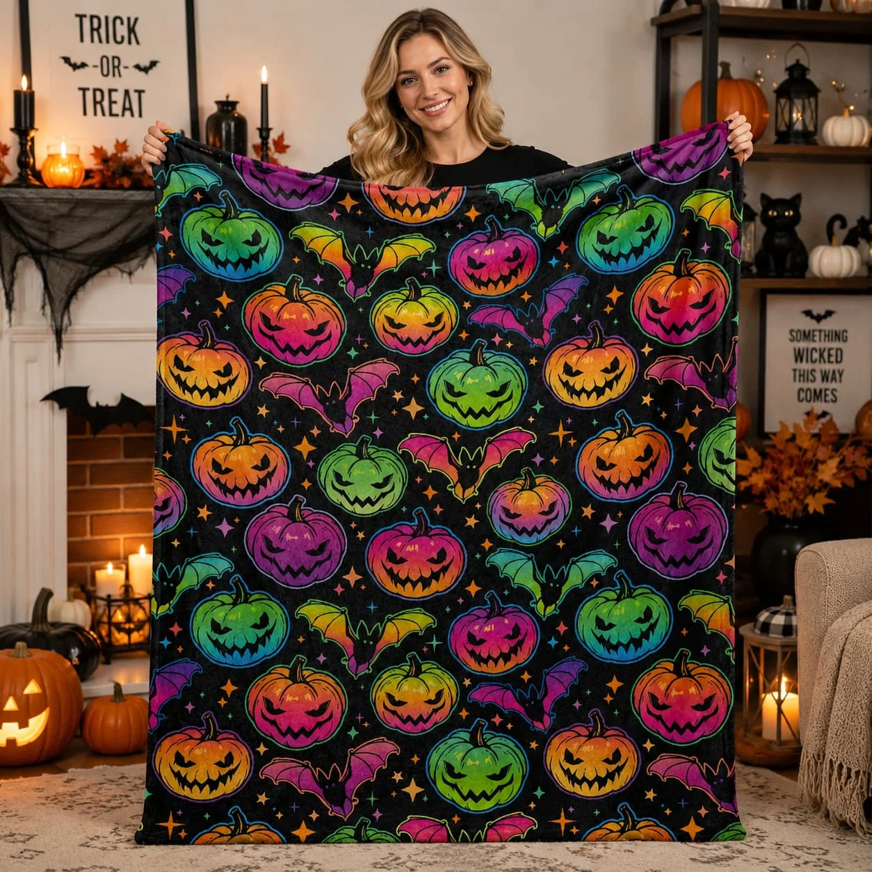 Halloween Pumpkin & Bat 3D Print Flannel Throw Blanket - Cozy, Lightweight for Couch, Bed, Office, and Travel - Versatile All-Season Gift