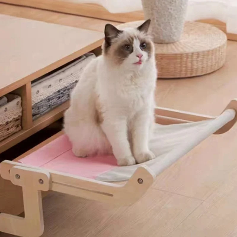 Solid Wood & Linen Cat Window Hammock Customizable Cat Window Perch with Removable Cover Hanging Bed Indoor Cat Hammock