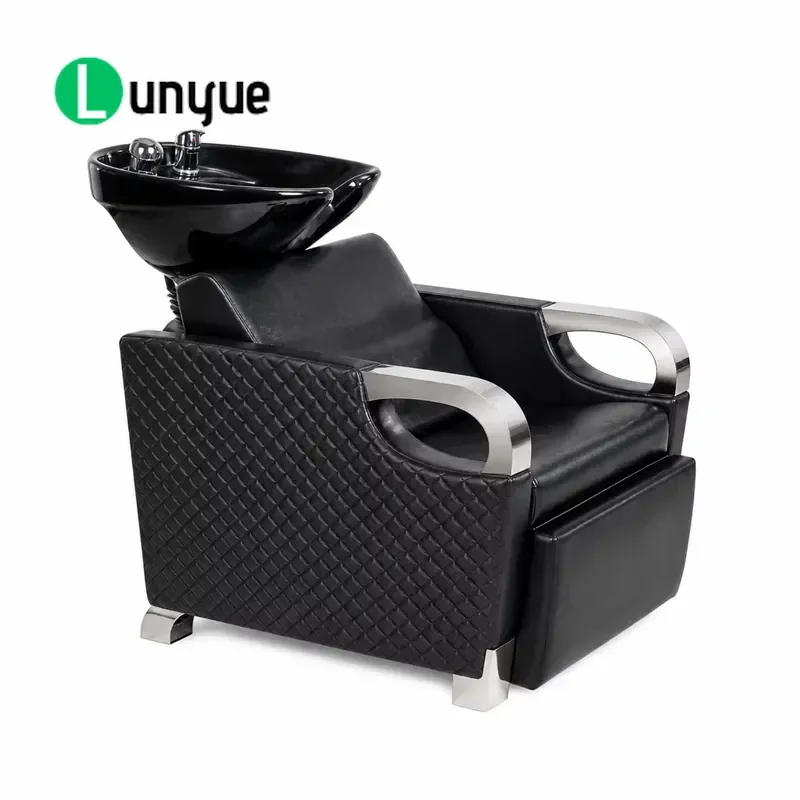 Professional Diamond Quilted Shampoo Chair with Ceramic Basin Chrome Armrest Luxury Haircut Wash Station for Barber
