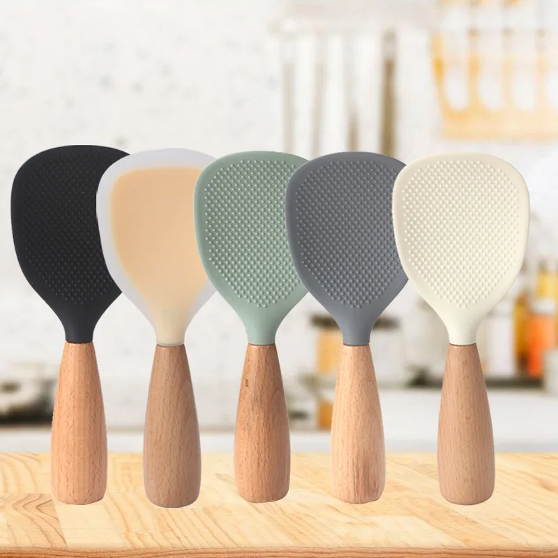 

Creative Standing Silicone Rice Spoon Wooden Handle Non-stick Spatula Heat Resistant Rice Paddle Food Kitchen Cooking Tools