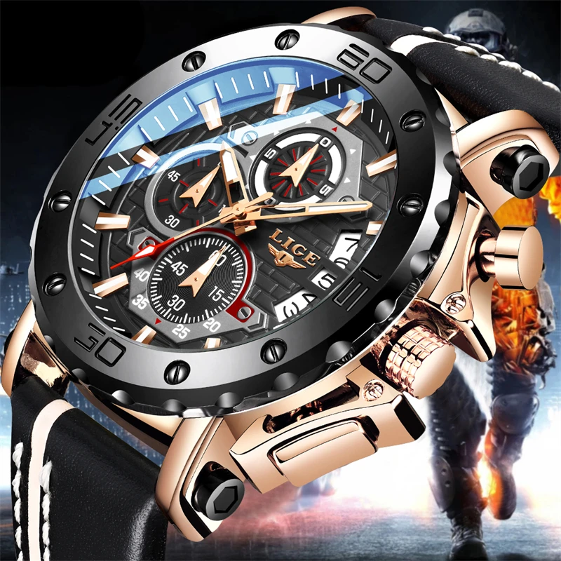 

LIGE 2025 New Fashion Mens Watches Sports Leather Big Dial Watch Men Luxury Date Waterproof Quartz Chronograph Relogio Masculino