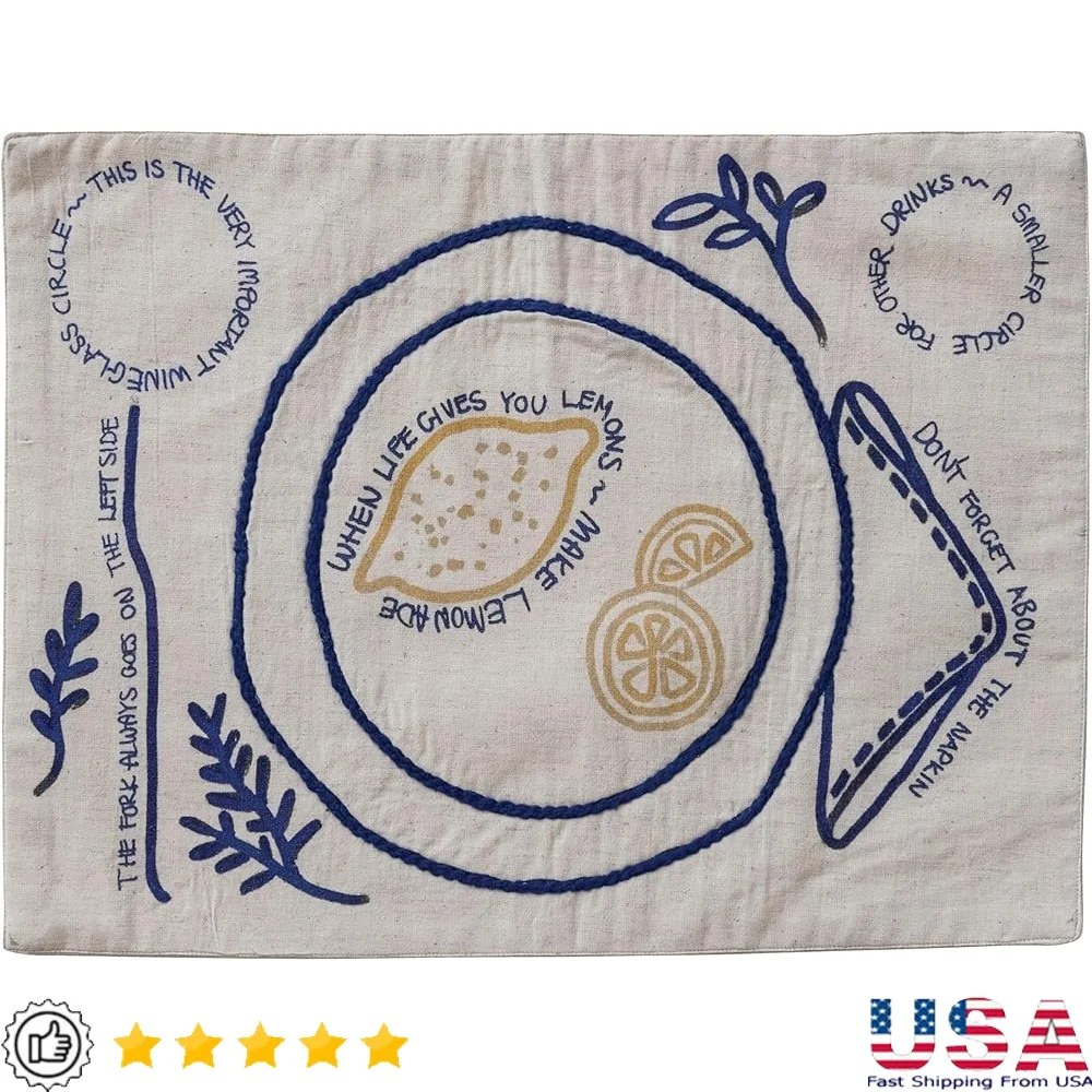 

Тканый хлопок и лен, вышитый подставка для столовых приборов с фруктовыми листьями, элегантный декор стола, деревенский дом, столовая, натуральный синий цвет