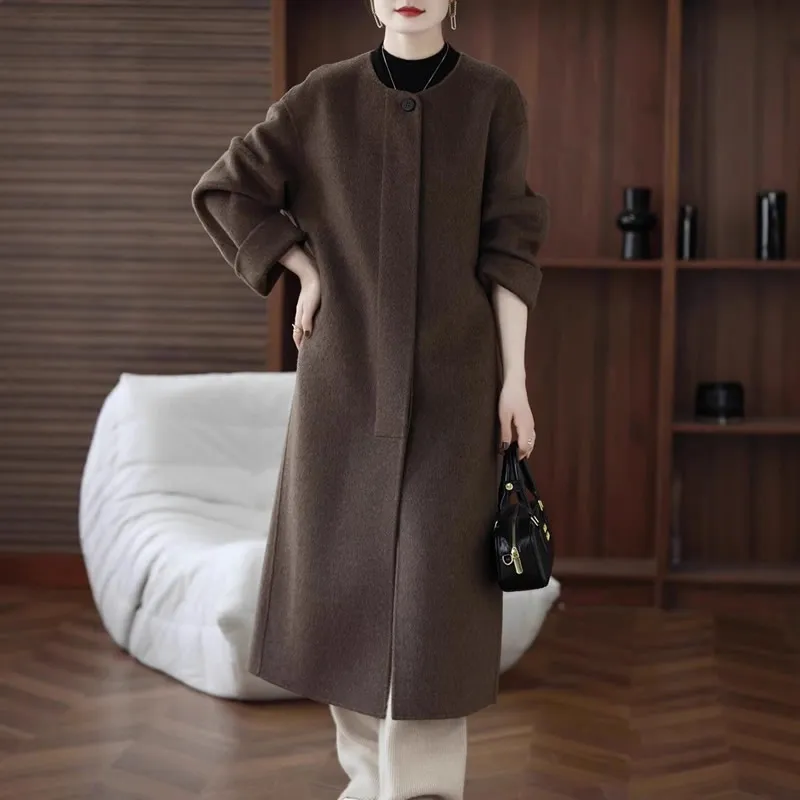 

2025 Newest Autumn Winter Women's Coat 100% Australian Wool Double-Sided Woolen Jacket Fashion Round Neck Hidden Button