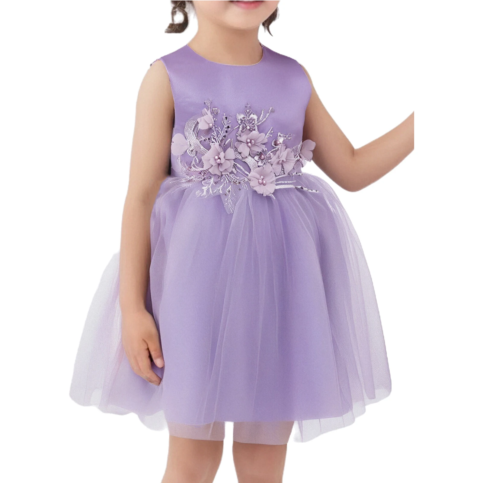 

Baby Girls Princess Dress Sleeveless Flowers Appliques Mesh Tutu Dress with Belt Summer Birthday Wedding Party Pageant Gown