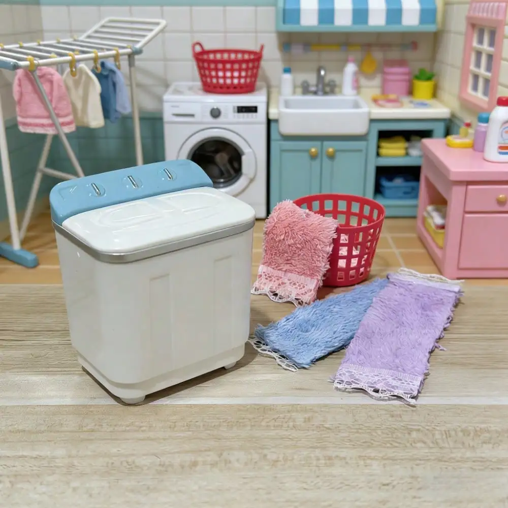 1:12 Miniature Laundry Room Scene Accessories, Mini Washing Machine Towels Laundry Basket Model
