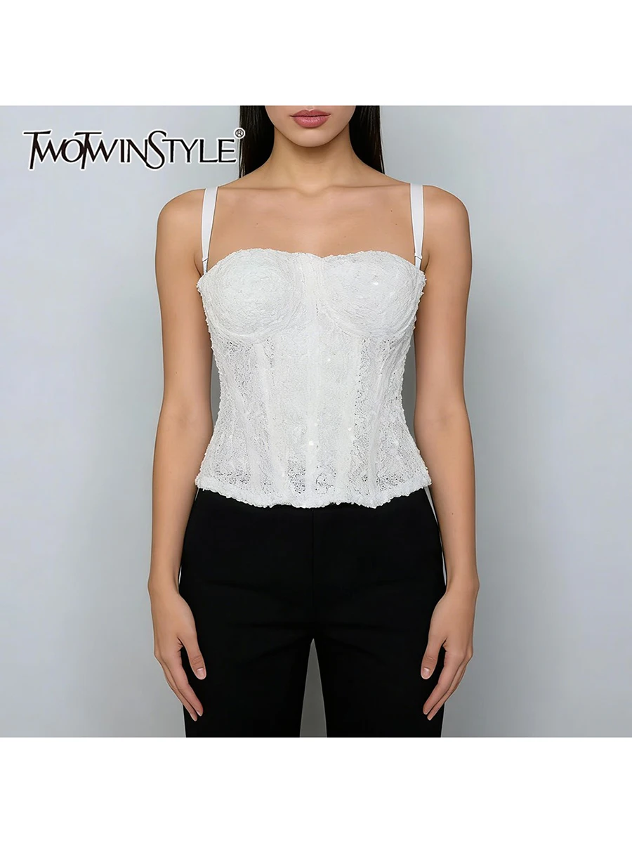 

TWOTWINSTYLE Fashion Slimming Spliced Sequins Short Vest for Women Square Neck Sleeveless Tunic Hollow Out Vests Female Clothing