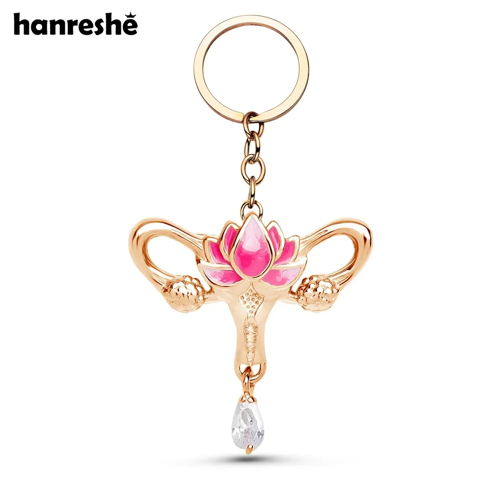 Hanreshe-Chaveiro do Útero Feminino para Mulheres, Anatomia Médica, Pingente de Cristal de Lótus Dangle, Corrente Chave Criativa, Jóias para Enfermeira Médica
