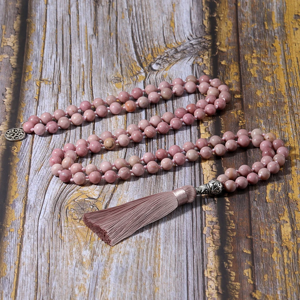 

8mm Natural Rhodochrosite Beads Knotted 108 Mala Necklace Meditation Yoga Prayer Japamala Jewelry for Women