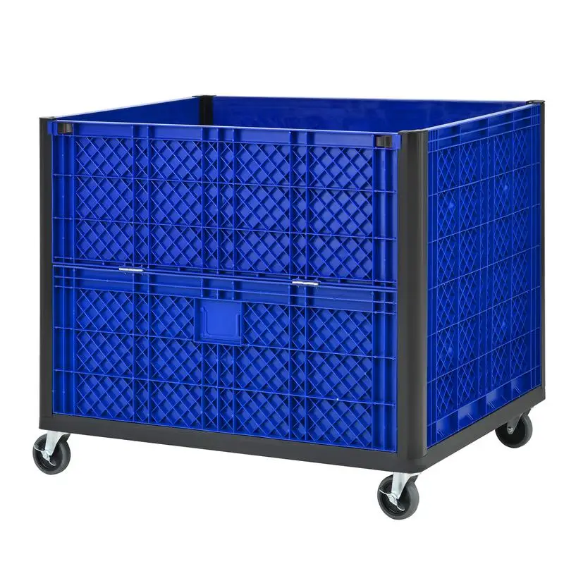 

Collapsible Bulk Container with Casters, Solid Wall, 600 lbs Capacity, Stacks 4 High for 2000 lbs Total, Includes 4 Feet for