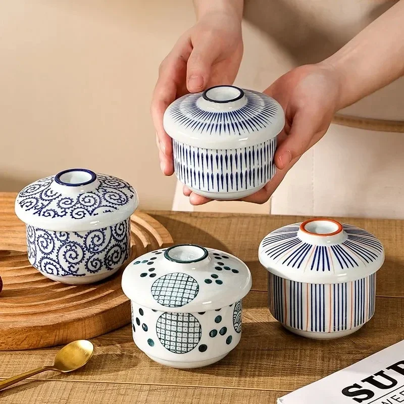 

Japanese Ceramic Small Soup Bowl With Lid Baby Steamed Egg Bowl Retro Style Blue Bowl Kitchen Tableware Supplies
