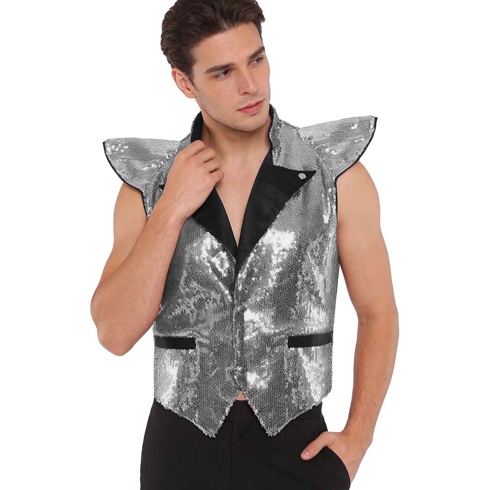 Męska brokatowa kamizelka do tańca jazzowego, cała w cekinach, z falbankowymi rękawami, klapami, dekoltem w serek, bez rękawów, w pełni podszyta, top na scenę lub do klubu.