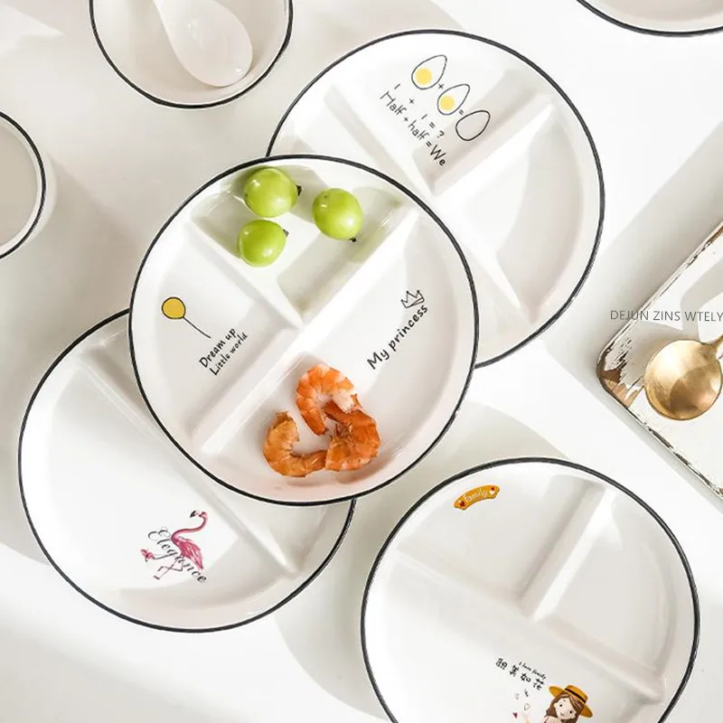 Ceramic Dinner Plate White Porcelain Three Grid Plate 1person Family Breakfast Dishes Fat-reducing Quantitative Divider Plate