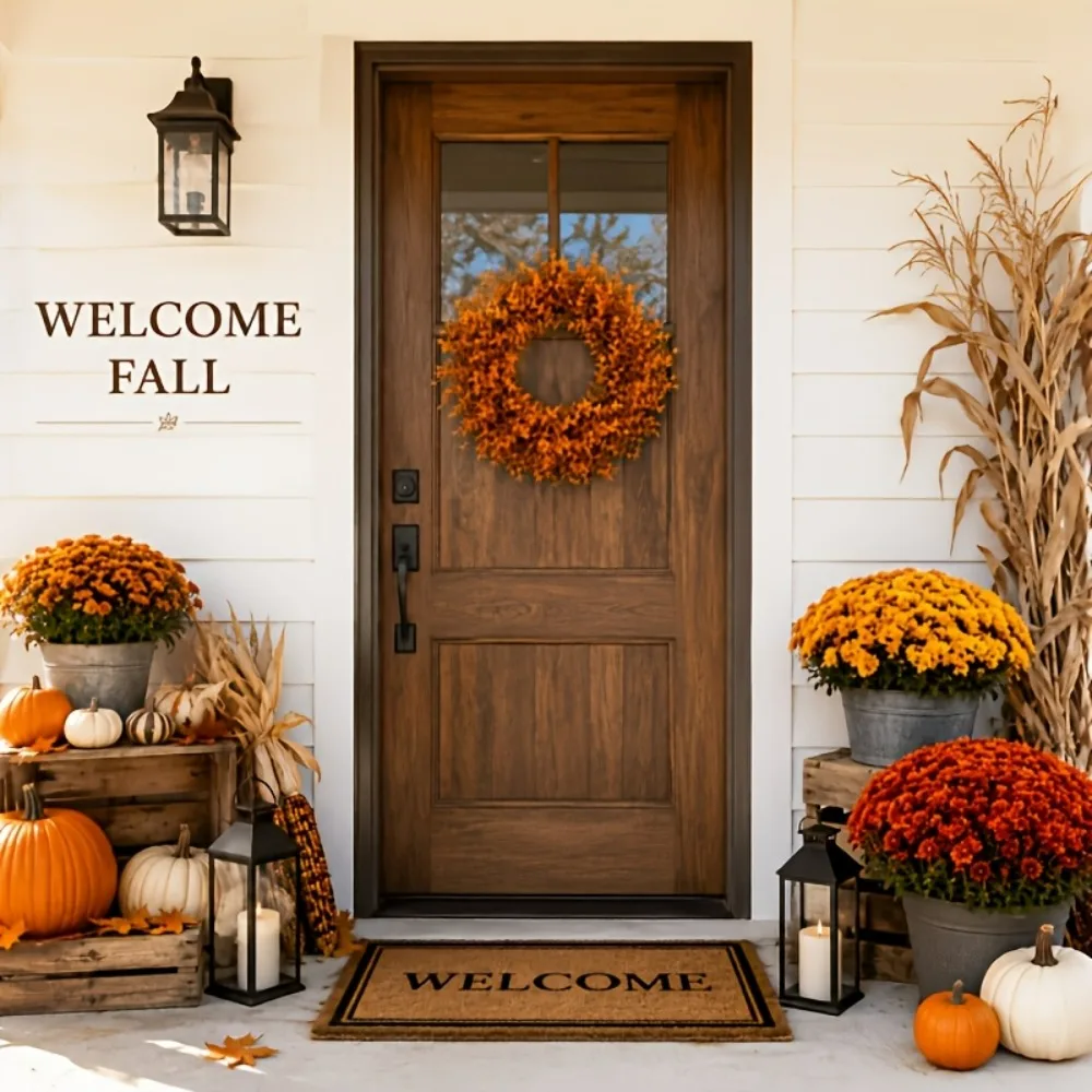 1pc Autumn Warm Orange Artificial Eucalyptus Leaf Wreath 45cm 17.71inch in Diameter Thanksgiving Harvest Season Door