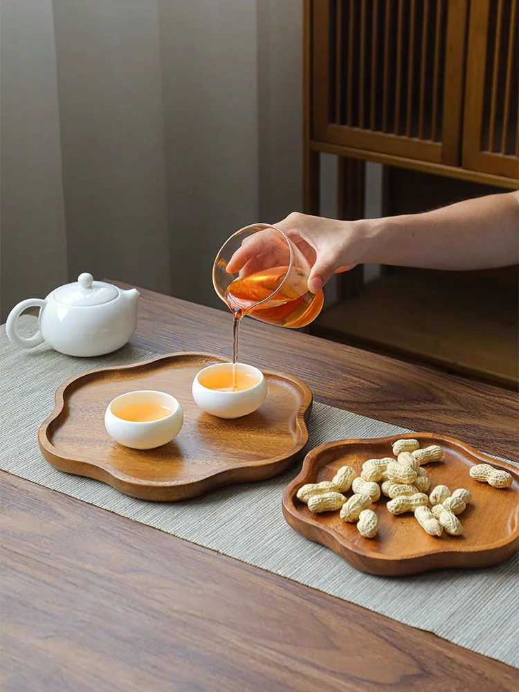 Creative Flower Shape Wooden Tea Tray Japan Style Storage Tray Cake Plate Snacks Plate Household Fruits Plate