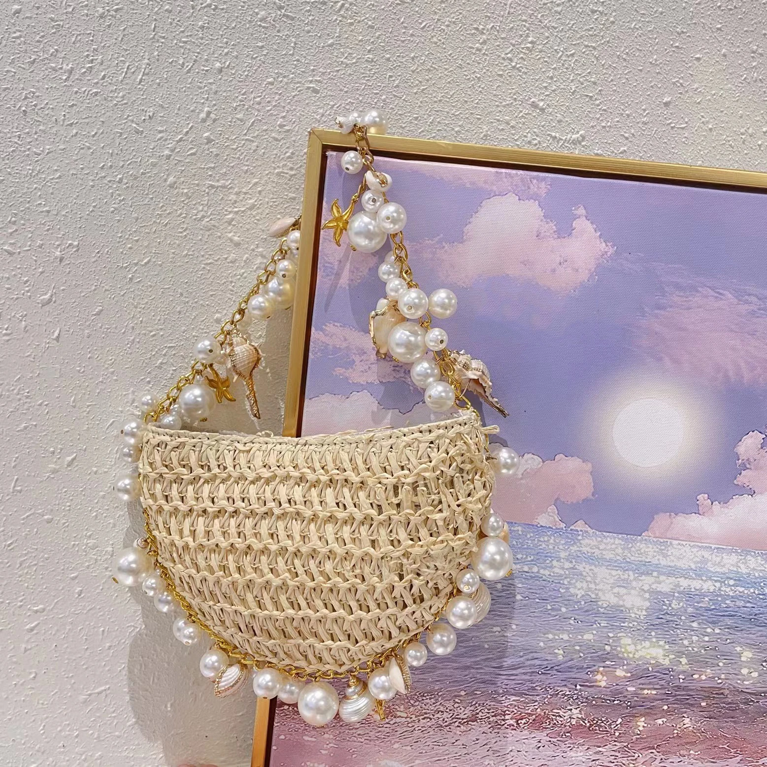 Bohemian Pearl Beach Handbag Women Fashion Rattan Crossbody Bags Ladies Design Conch Straw Clucth Purse Luxury Party Evening Bag