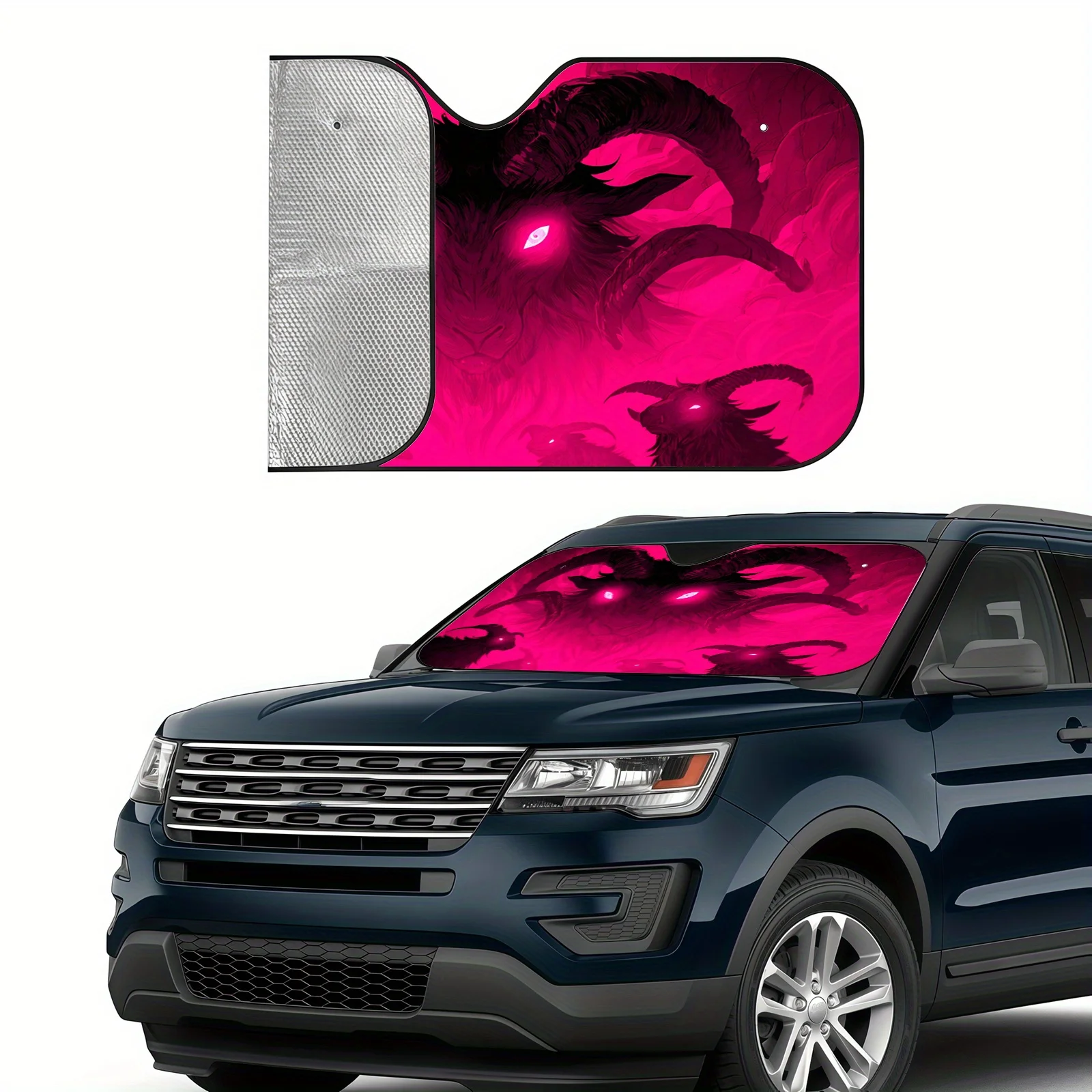 Crimson Demon Goat Car Sunshade, Horror Illustration Style, Heat Insulating And Heat Resistant, Stabilizes In-Car Temperature, I