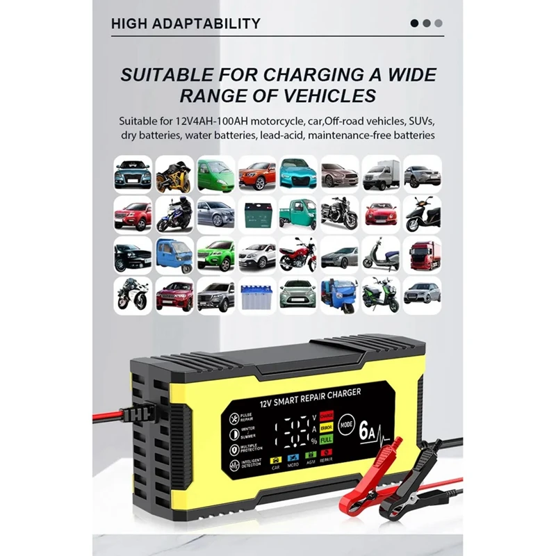 شاحن إصلاح ذكي 12 فولت 6 أمبير، شاشة LED لإصلاح النبض، شاحن ذكي سريع الشحن، شاحن الرصاص الحمضي للسيارات والدراجات النارية