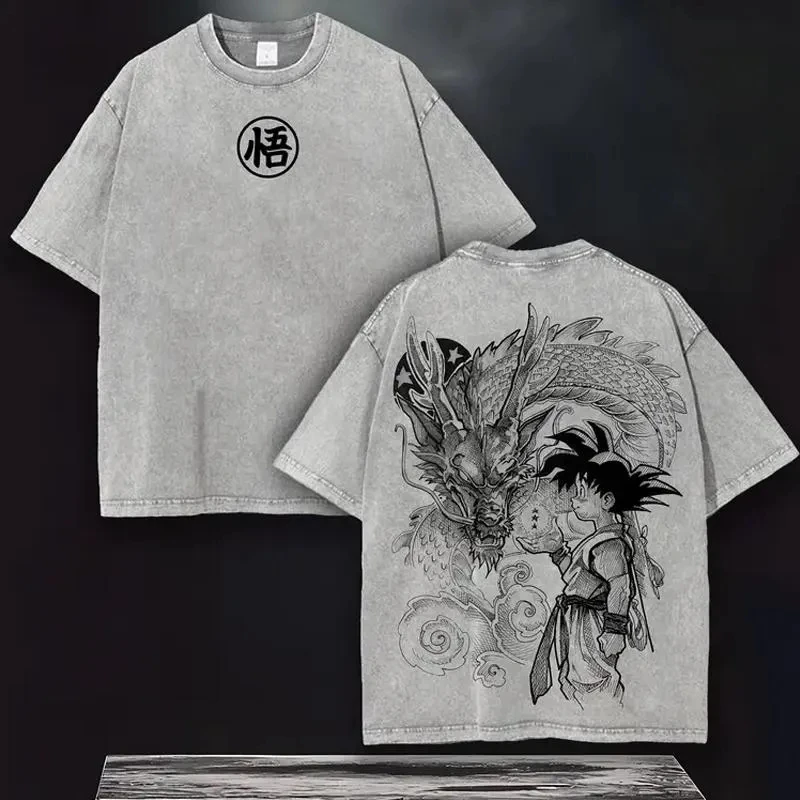 

Anime Retro Washed Shirt, Gift for Anime and Manga Enthusiasts Retro Old Cotton Washed Short Sleeved T-shirt Harajuku Men's Top