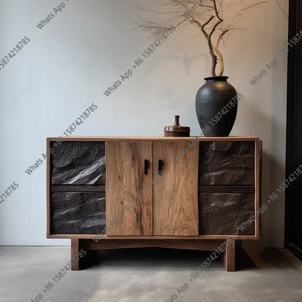 68A Wabi-sabi Tea Cabinet, Bogu Rack Tea Cabinet, Shelf Log Dining Side Cabinet