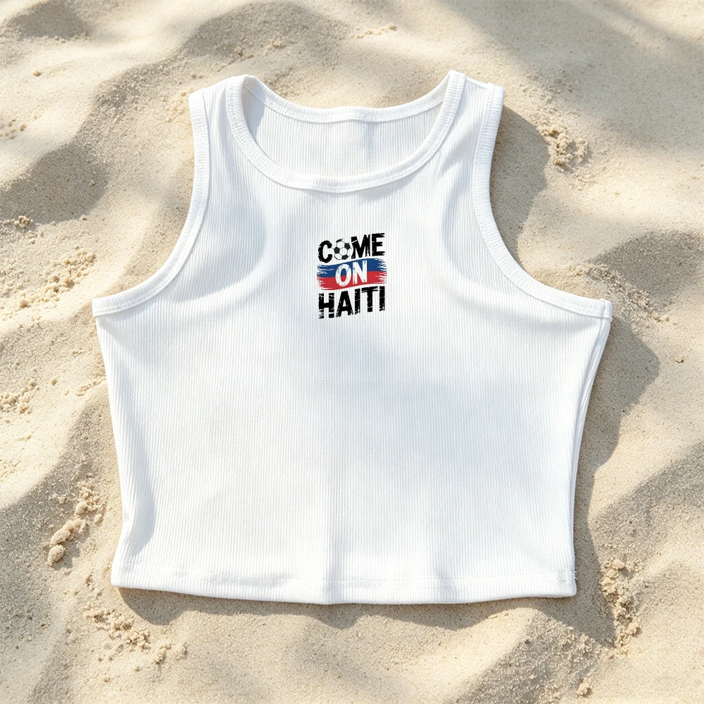 Come on Haiti 2026 Soccer Brushstroke Flag Print Women Ribbed Sleeveless Crop Top Slim Fit Casual Fashion Women Basic Shirt