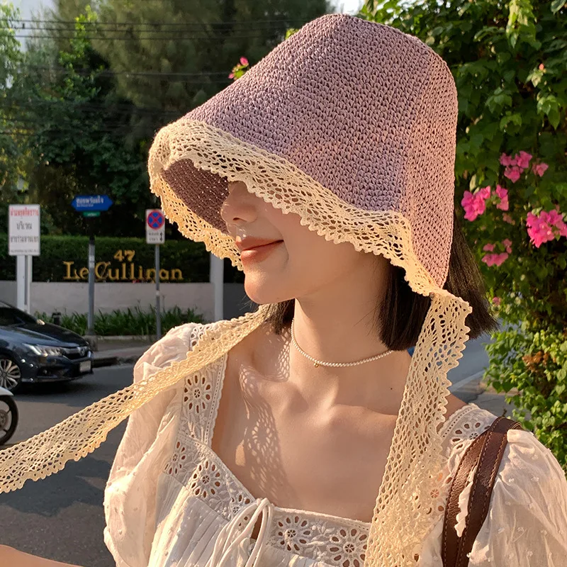 Summer Sun Hat for Women Hand-woven Breathable Summer Sombrero Cap Cute Lace Ribbon Pamelas Para Bodas Knitting Travel Beach Hat