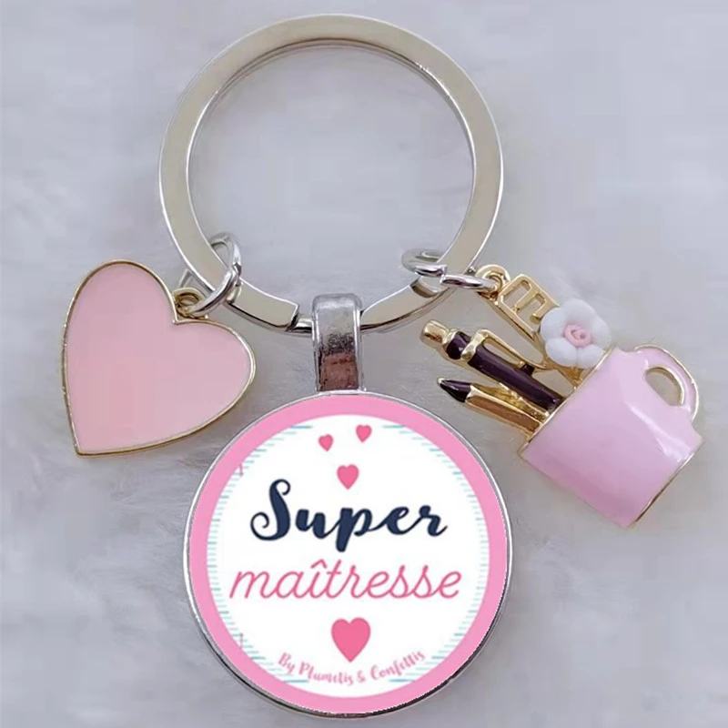 merci maitresse french letter word teacher\'s day gift keychain, enamel pen holder love pendant DIY keychain gift