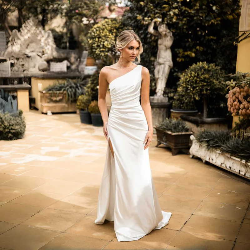 One-Shoulder Satin Ruched Mermaid Wedding Dress With High Slit Bridal Gown For Women Brides Formal Evening Party robes de soirée