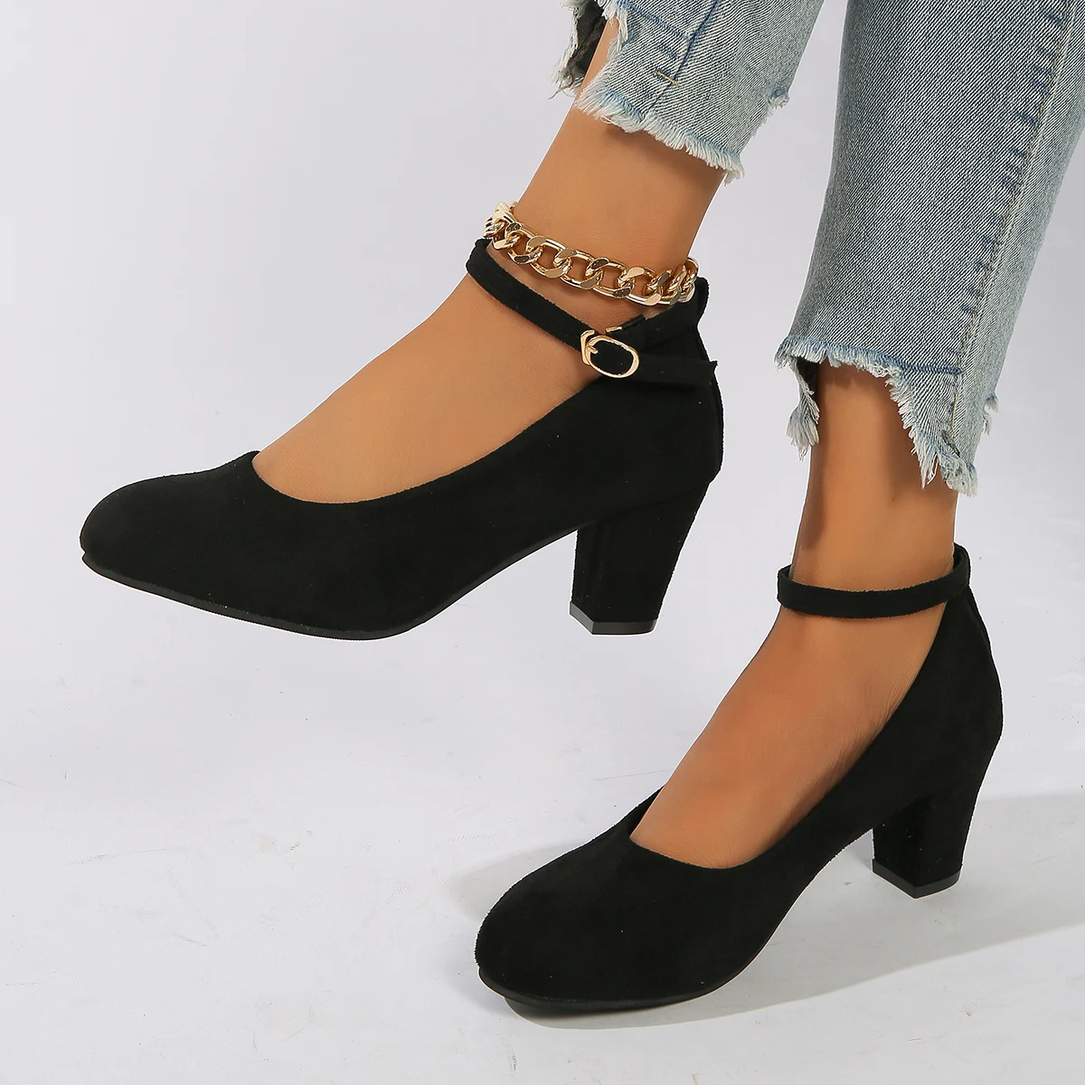 Women Pumps Autumn New Thick Heels Women Shoes One-line Buckle Shallow Mouth High Heels Large Size Work Shoes Zapatos De Mujer