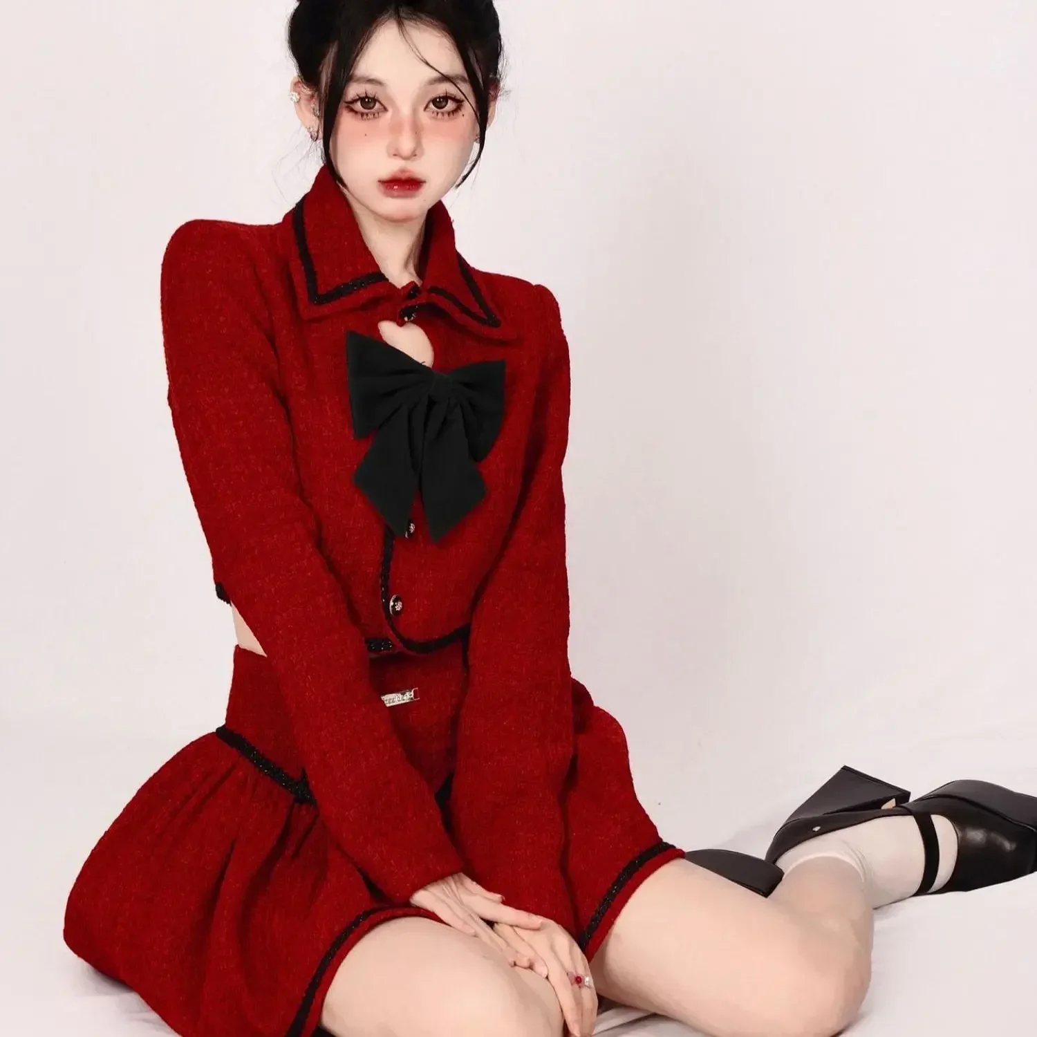 Coalfell-Conjunto elegante de 2 piezas para mujer, chaqueta de lana con lazo de perlas, minifalda roja de Navidad para otoño