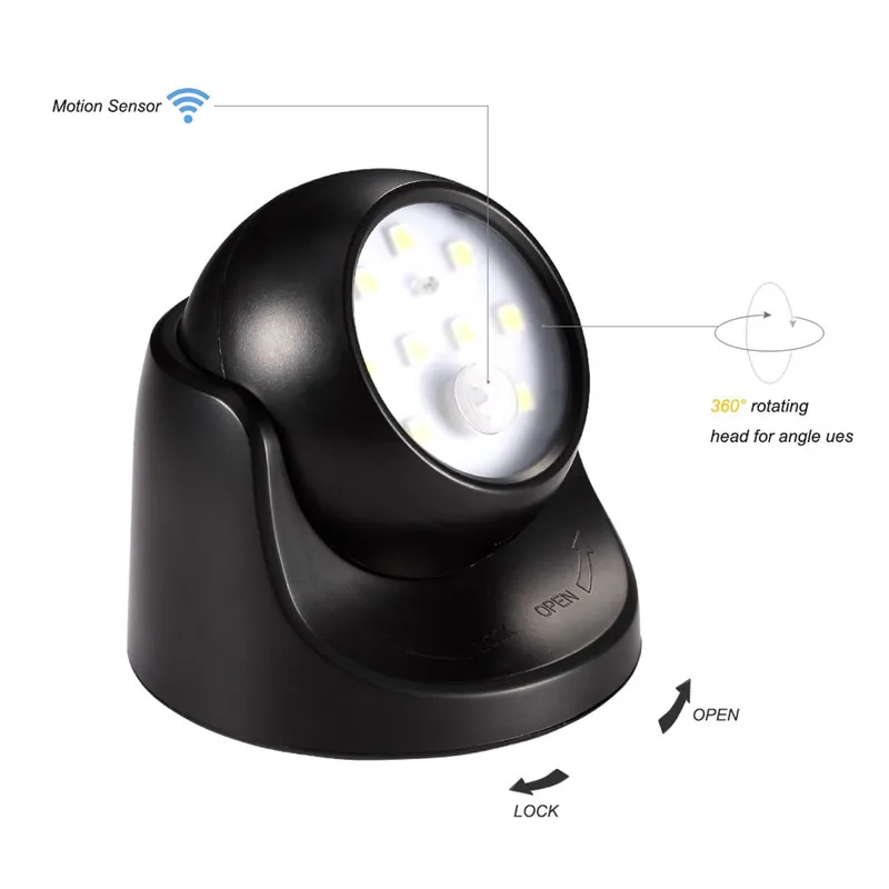 9 LED Wireless Motion Sensor Night Light 360 Degree Rotation Night Light Night Lamp Wall Light Lamp Battery Power Auto On Off