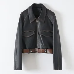 2024 Autumn New Style Old Rubbed Leather Lapel Zipper Jacket Retro Casual Coat E67