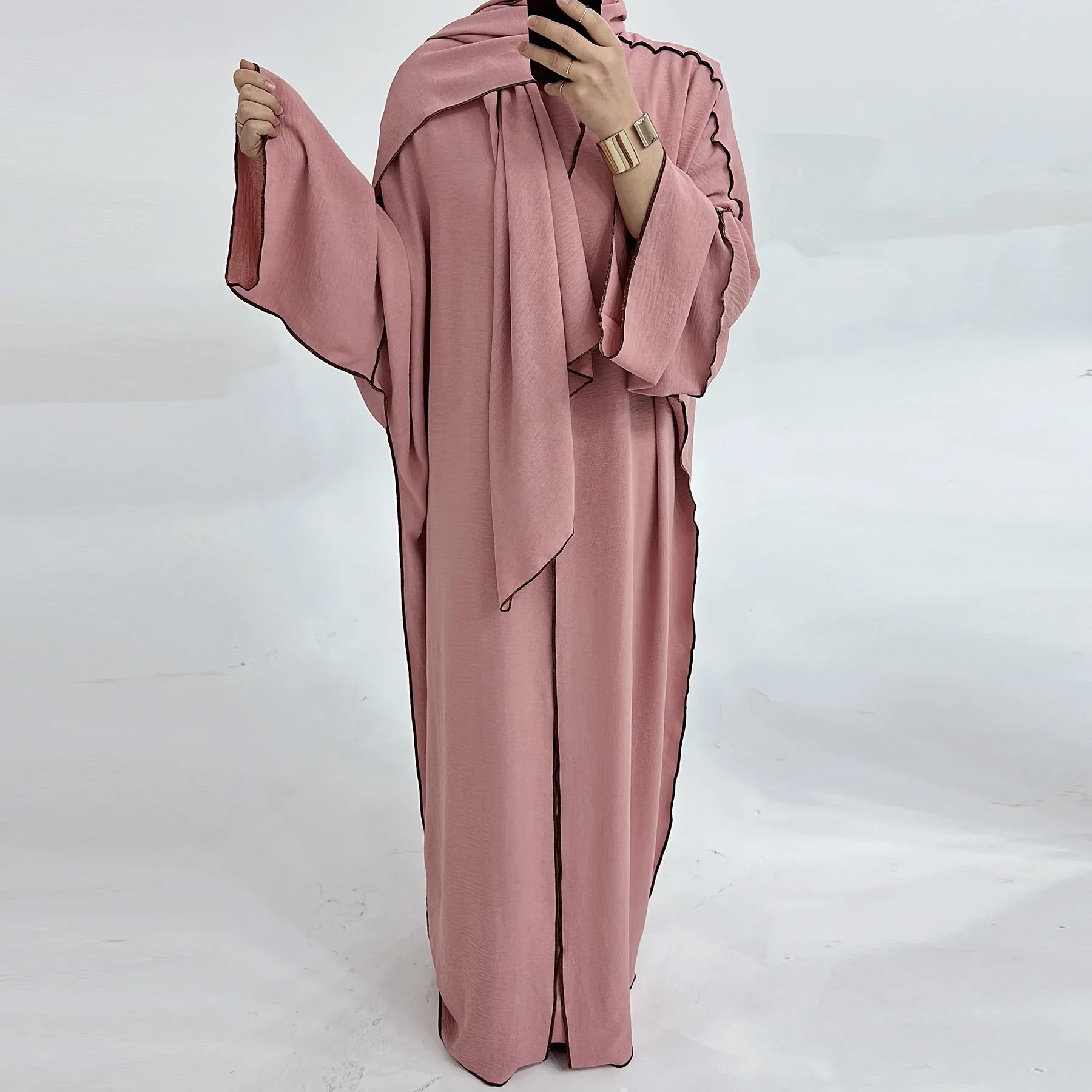 Turquia dubai abayas muçulmano conjunto cardigan volta interna e turbante muçulmano longo robes de três peças muçulmano aberto abayas para vestido feminino